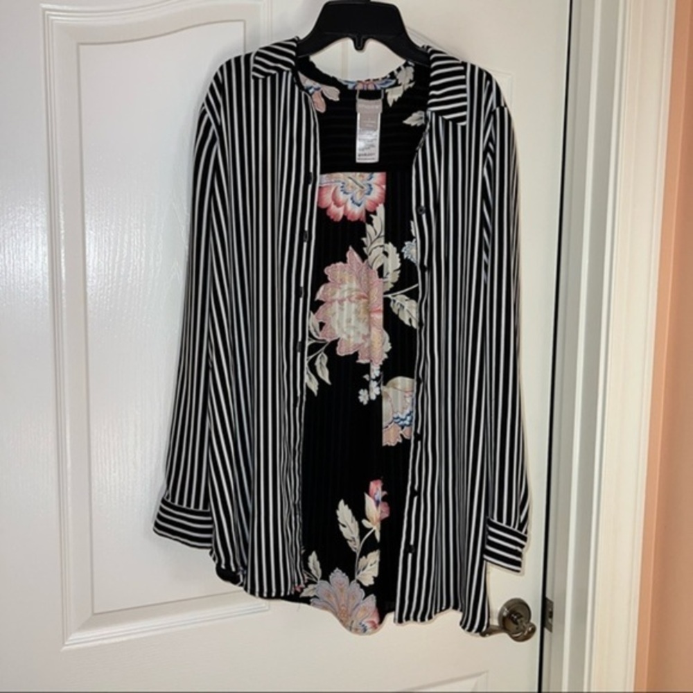 Reversible black and white pin striped and floral reverse side blouse.
